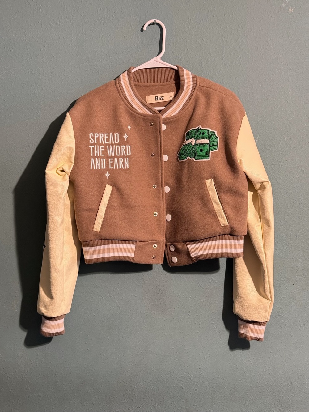 Youth Brown & Cream Varsity Bomber Jacket – Graphic Letter & Money Patch